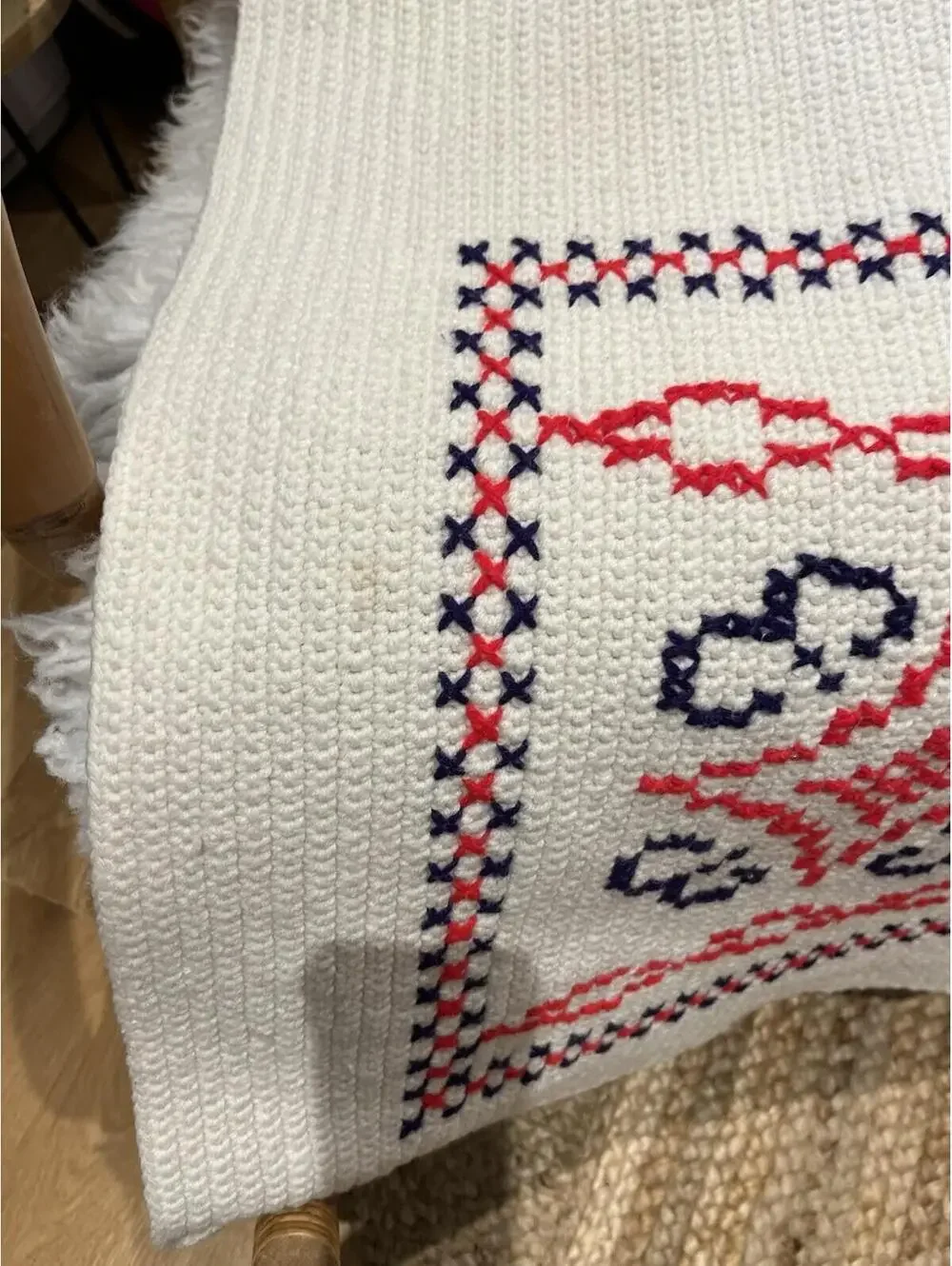 35x66” Red White & Blue Tight Knit Hippy Boho Afghan Mid Century Modern Blanket